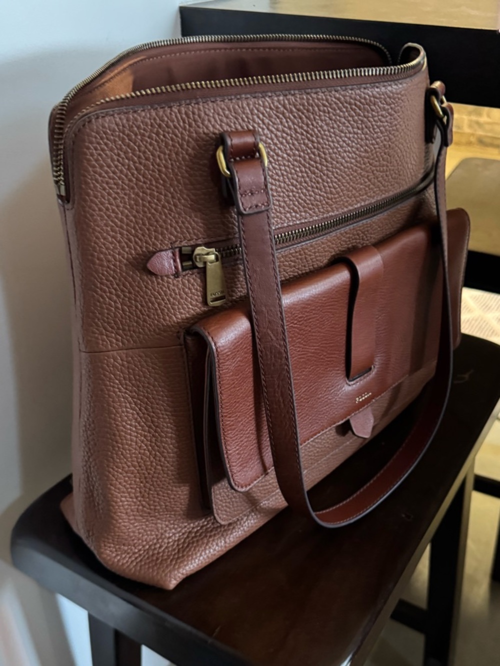 Fossil Pebbled cognac classy leather tote bookbag